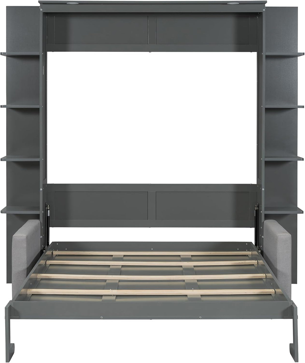 MERITLINE Queen Murphy Bed with Couch and Storage Shelves,Wood Murphy Bed Cabinet with Storage Shelves and Sofa,Fold up Bed Grey Murphy Wall Bed Queen Size MERITLINE