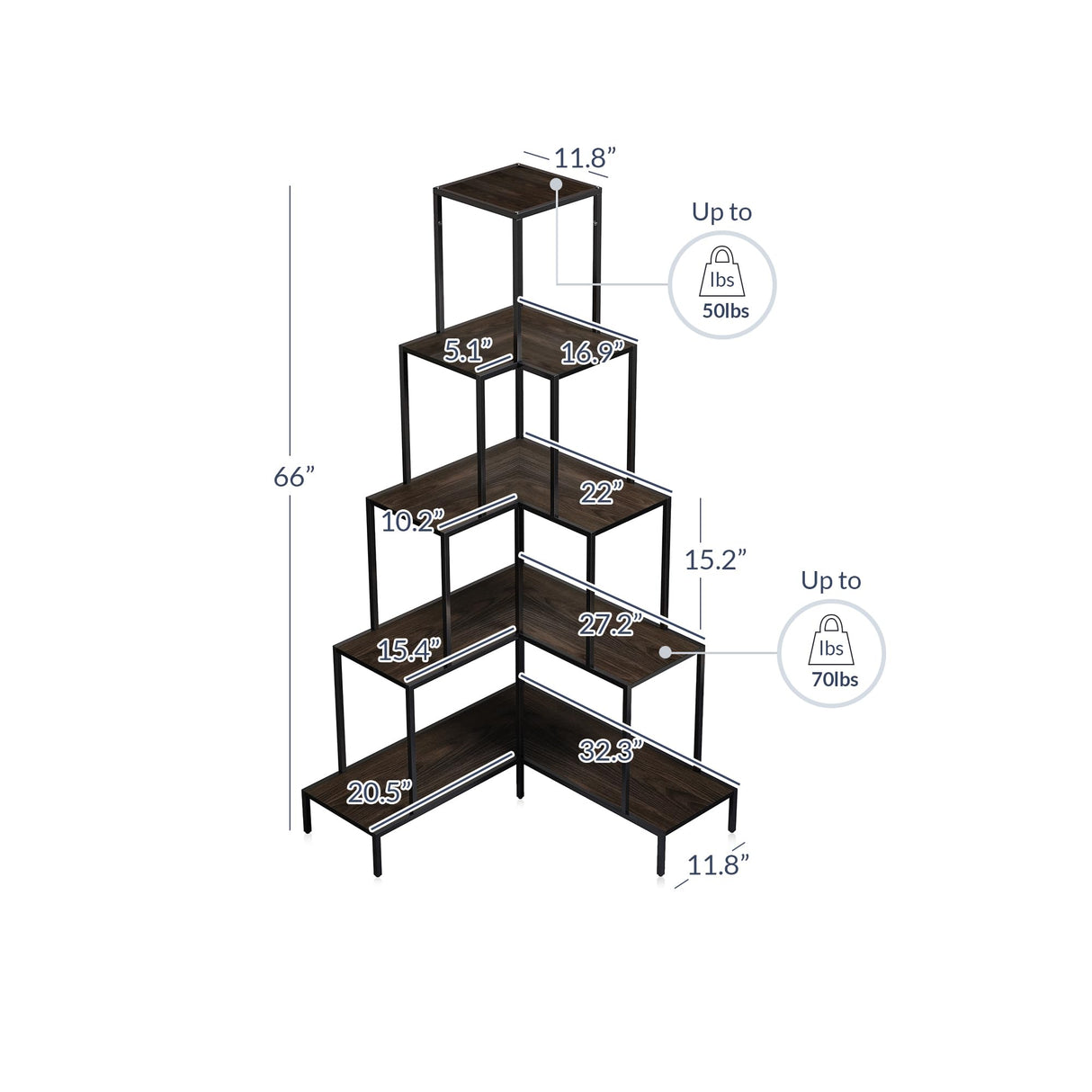 BELLEZE 5-Tier Corner Bookshelf with RGB Lights and Remote, 66" Tall L-Shaped Corner Bookcase, Storage & Display Rack for Living Room, Courtyard, Home Office - Gray BELLEZE