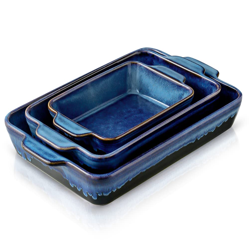 KOOV Bakeware Set, Ceramic Baking Dish Set, Rectangular Casserole Dish Set, lasagna Pan, Baking Pans Set for Cooking, Cake Dinner, Kitchen, 9 x 13 Inches, Reactive Glaze 3-Piece (Nebula Blue) KOOV