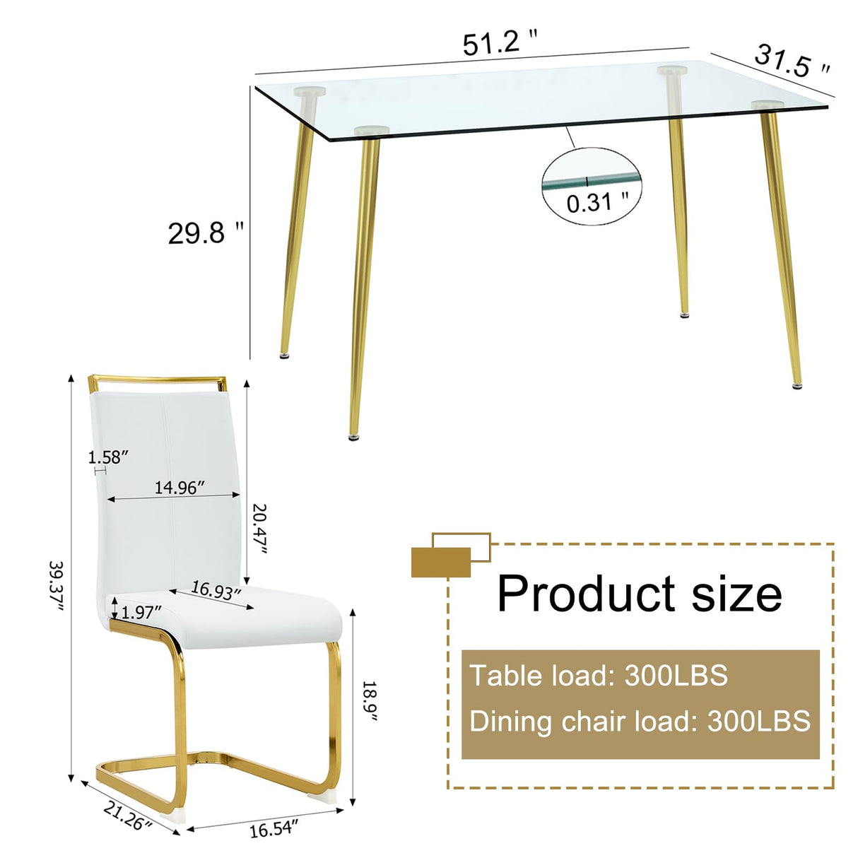 Ebullient Glass Dining Table Set for 4,5 Piece Dining Table and Chairs Set,Modern Kitchen Dining Room Table with 4 White PU Leather Dining Chairs,0.31” Tempered Glass Table Top with Gold Metal Legs Ebullient