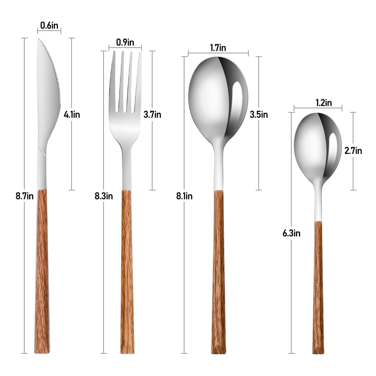 Stainless Steel Flatware Set for 4, Cutlery Utensils Set with Simulated Wooden Handle Include Knives Forks Spoons Service for 4, Mirror Polished and Dishwasher Safe (Silver) SNBNX