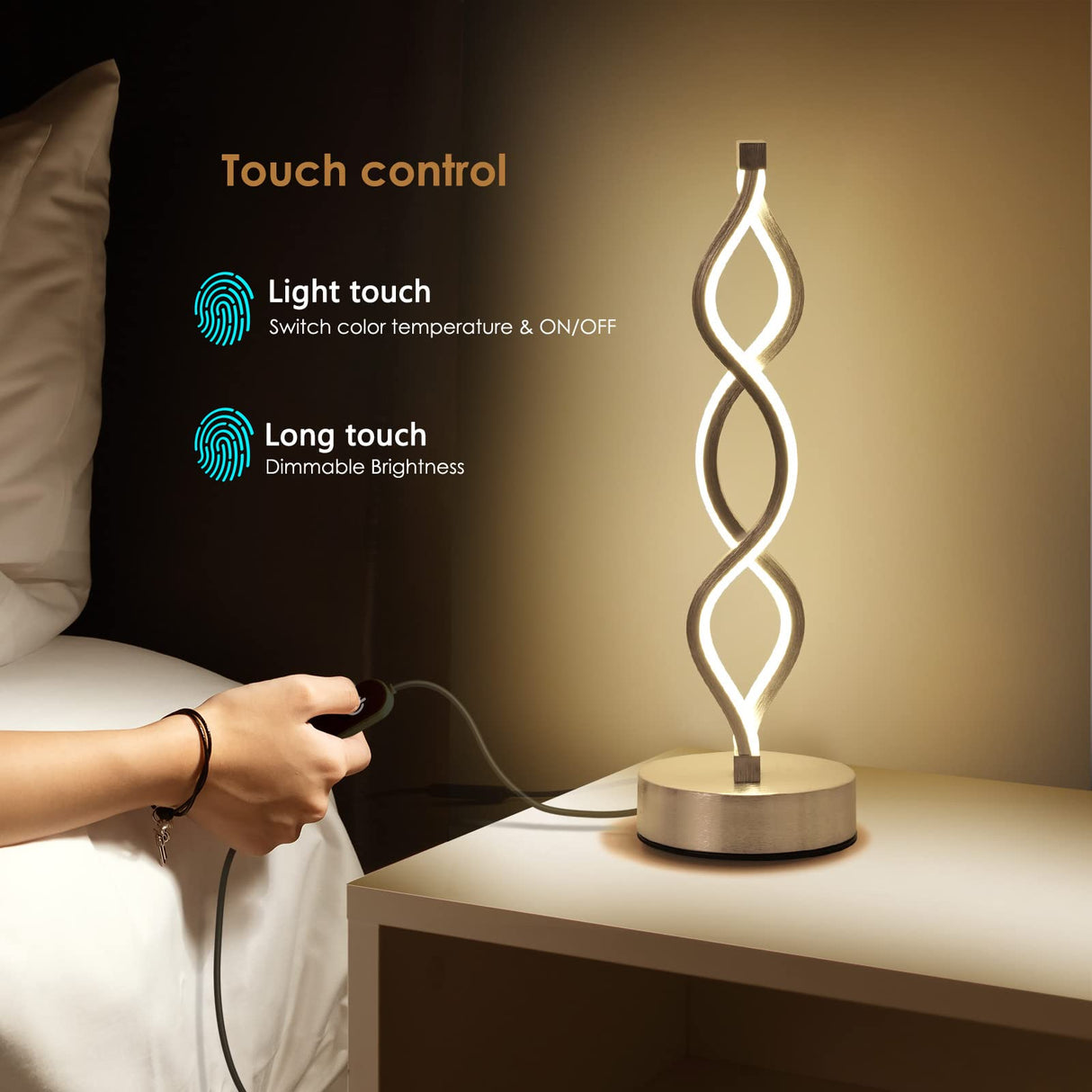 NUÜR Infinity Spiral LED Table Lamp Silver, Dimmable Metallic Bedside Lamp with Touch Controller, 3 Colour Temperature, 15.8 Inch Height, Decorative Lamp for Home, Living Room NUÜR