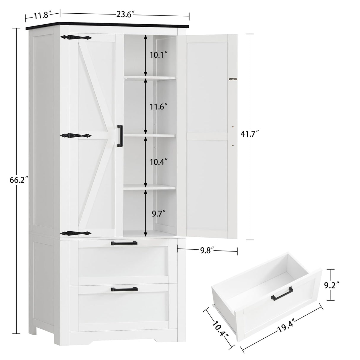 TEENFON 66.2" H Storage Cabinet with 2 Drawers, Farmhouse Kitchen Pantry Cabinet with 2 Doors & Adjustable Shelf, Bathroom Cabinet, for Living Room, Kitchen, Bathroom, White TEENFON