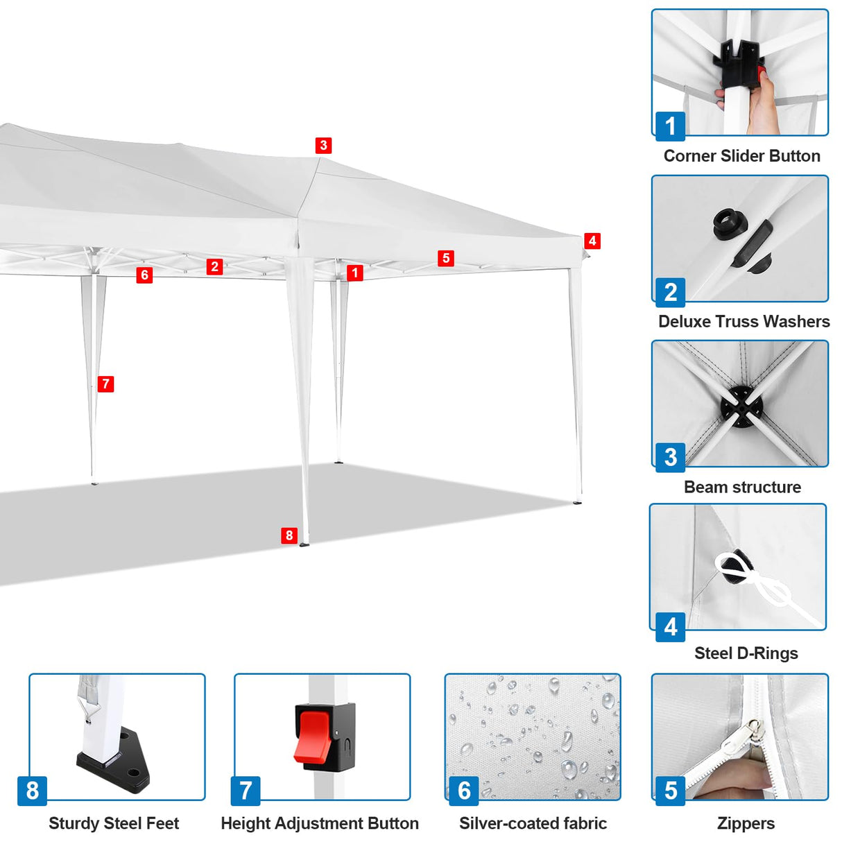 COBIZI Canopy 10x20 Pop Up Canopy with 6 Sidewalls,Waterproof Canopy Outdoor Event Shelter UPF 50+ Gazebo Portable Tents for Parties Beach Camping Wedding Commercial Instant Easy up Canopy 10x20,White COBIZI