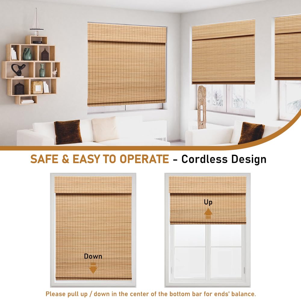 SEEYE Cordless Bamboo Roman Shades, Blackout Natural Bamboo Blinds for Indoor Windows, Roll Up Blind Privacy Shade for Home, Office, Door, UV Resistant & Easy to Install, 40" W x 64" H, Carbonized SEEYE
