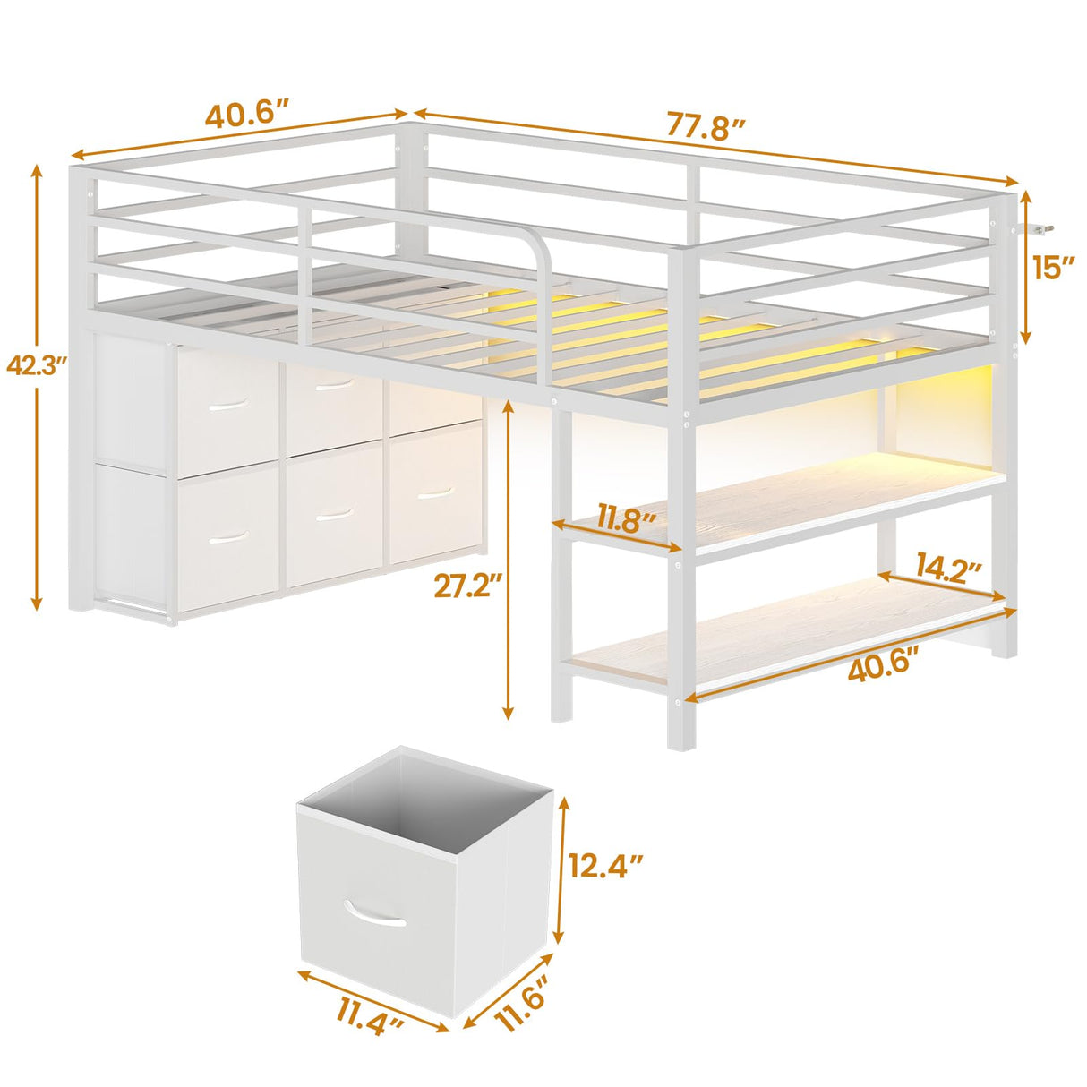 BTHFST Twin Size Low Loft Bed with 6 Fabric Storage Drawers, Metal Loft Bed Twin with LED Lights & Open Storage Shelves, 15" H Safety & Guardrail Stairs Loft Bed for Kids, White BTHFST