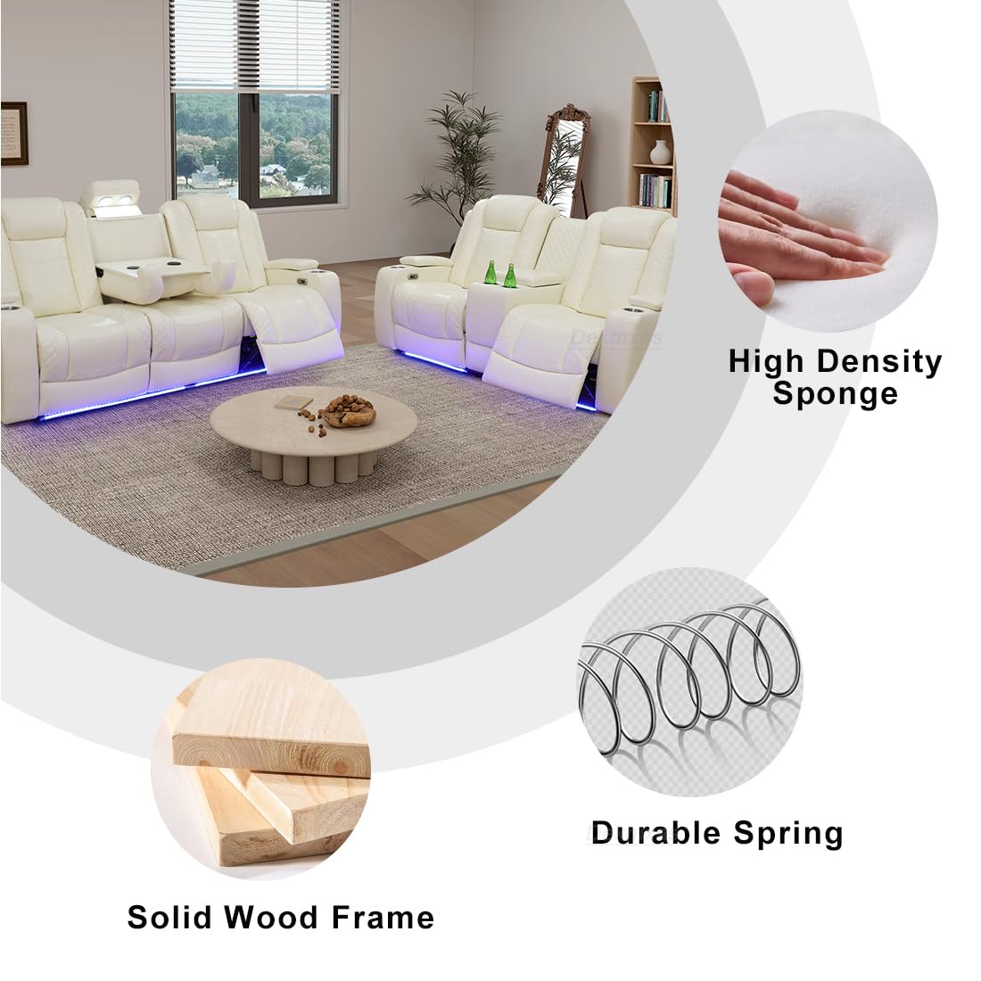 Living Room Sofa Set Reclining Breathing Leather Dekmxas Living Room Furniture Set Sofa, Loveseat with Storage Console/Cup Holders/LED Light/USB Port for Apartment, Office(Creamy White, Sofa+loveseat) Dekmxas