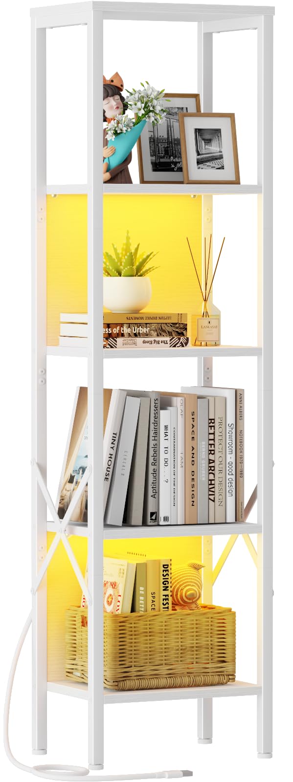 Furologee Bookshelf with LED Lights, 5 Tier Display Shelf with Back, Tall Narrow Bookcase, Modern Corner Standing Shelves, Metal and Wooden Storage Rack for Bedroom, Living Room, Office, White Furologee