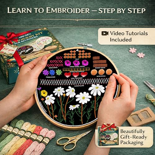 Moni Crafts - Embroidery Kit for Beginners Adults β Learn Embroidery Stitches, Complete Starter Kit with 4 Pre-Printed Patterns (Mushroom & Floral), Threads, Needles & Hoop β Video Tutorials