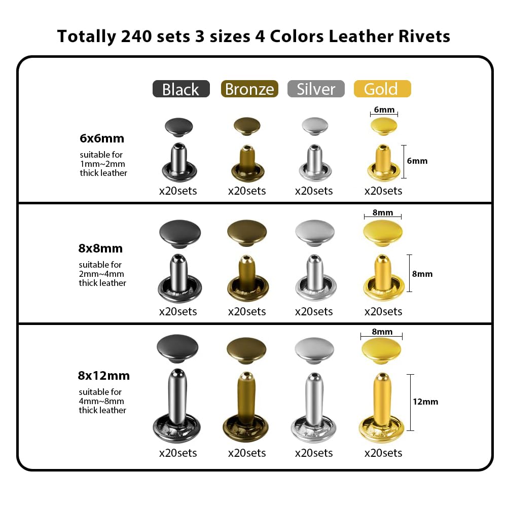 Belt Hole Puncher with 240 Sets of Leather Rivets - Updated Hole Sizes Puncher for Belt, Watch Band, Strap, Dog Collar, Saddle, Shoes, Fabric, DIY Home or Craft Project YIDAAN