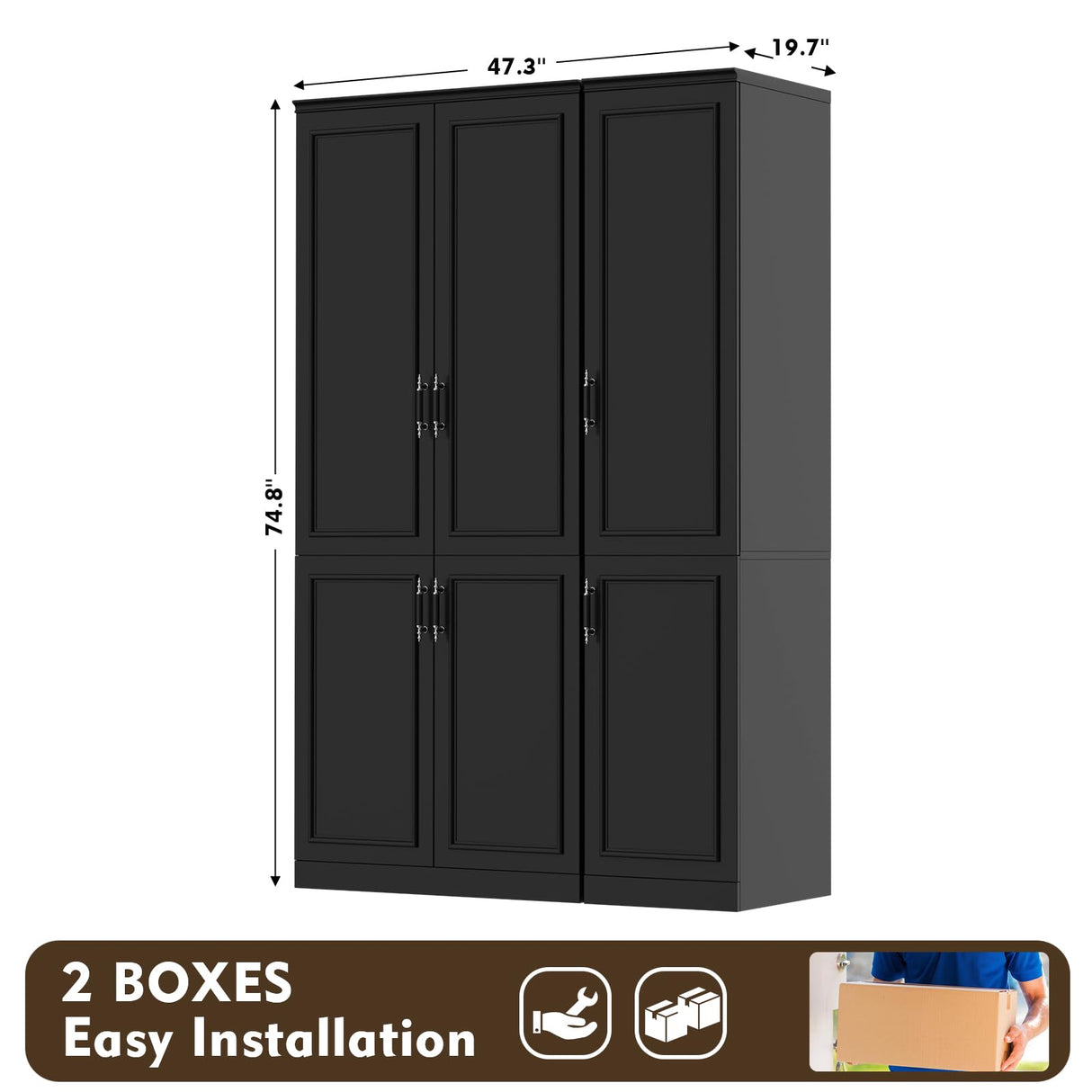 MEISSALIVVE Armoire Wardrobe Closet with 6 Door, 74.8" Large Wardrobe Cabinet with Hanging Rod, Freestanding Modern Bedroom Armoire Storage Cabinet, Black MEISSALIVVE