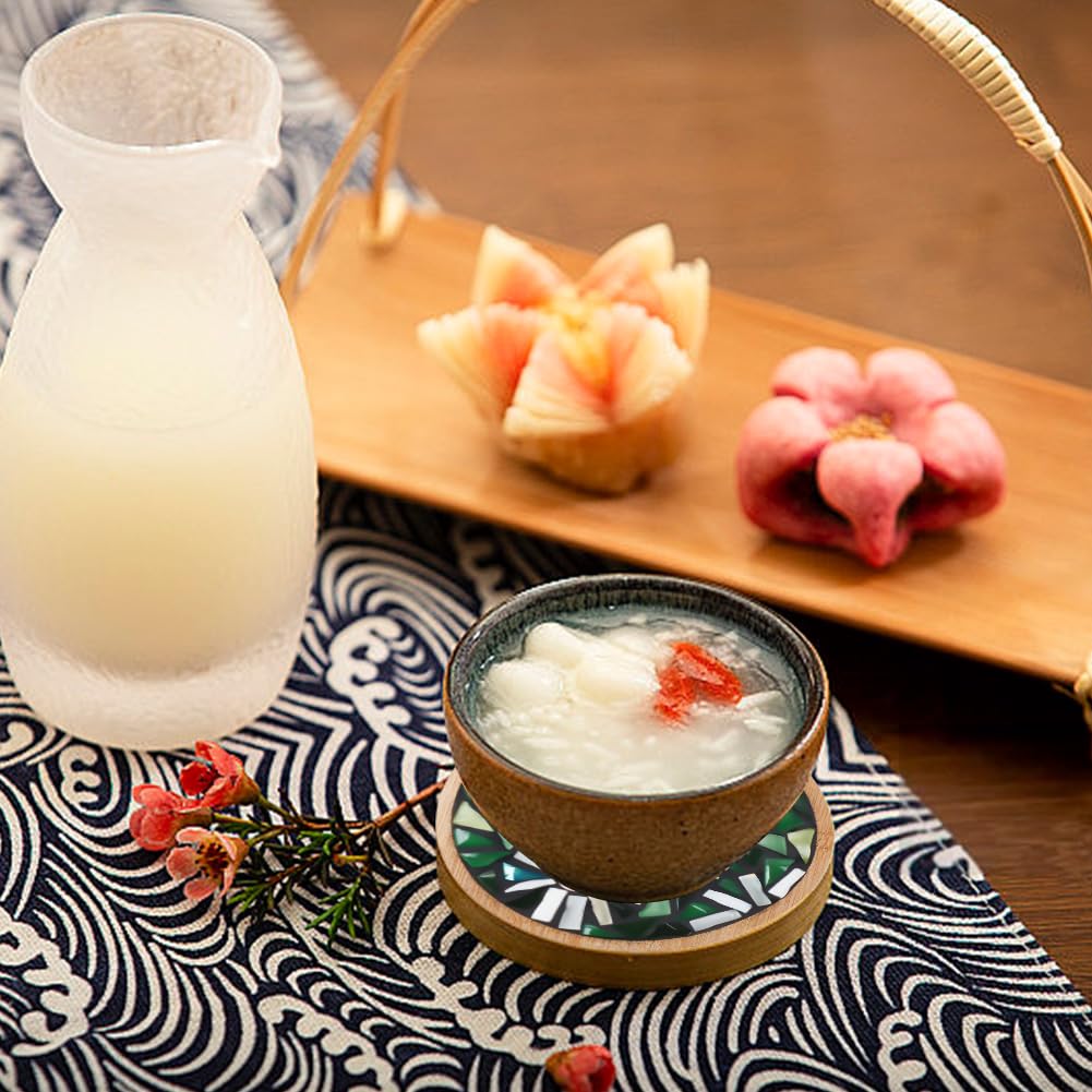 WEBEEDY 3 Styles DIY Mosaic Craft Kit Easy to Make DIY Flower Mosaic Bamboo Coasters Kits for Adults Beginner, Green Glass Mosaic Tiles with Blank Base Tray for Handmade Art Home Decor WEBEEDY