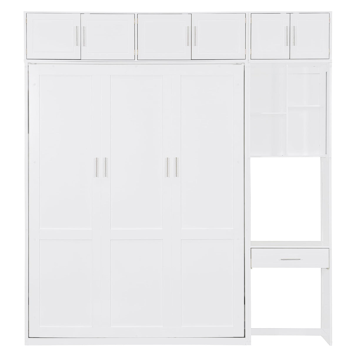 P PURLOVE Wood Queen Murphy Bed with Desk, Modern Wall Bed with Top Cabinet and Storage Shelves, Space Saving, No Box Spring Needed (White) P PURLOVE