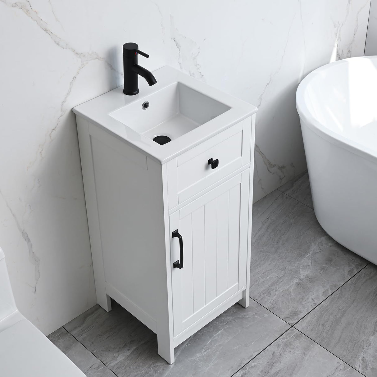 ALBAD 16-Inch Modern Bathroom Vanity with Sink, Small Bathroom Vanity Set with Storage, Freestanding Compact Space Bathroom Cabinet, Single Sink Cabinet with Adjustable Shelf (White) ALBAD