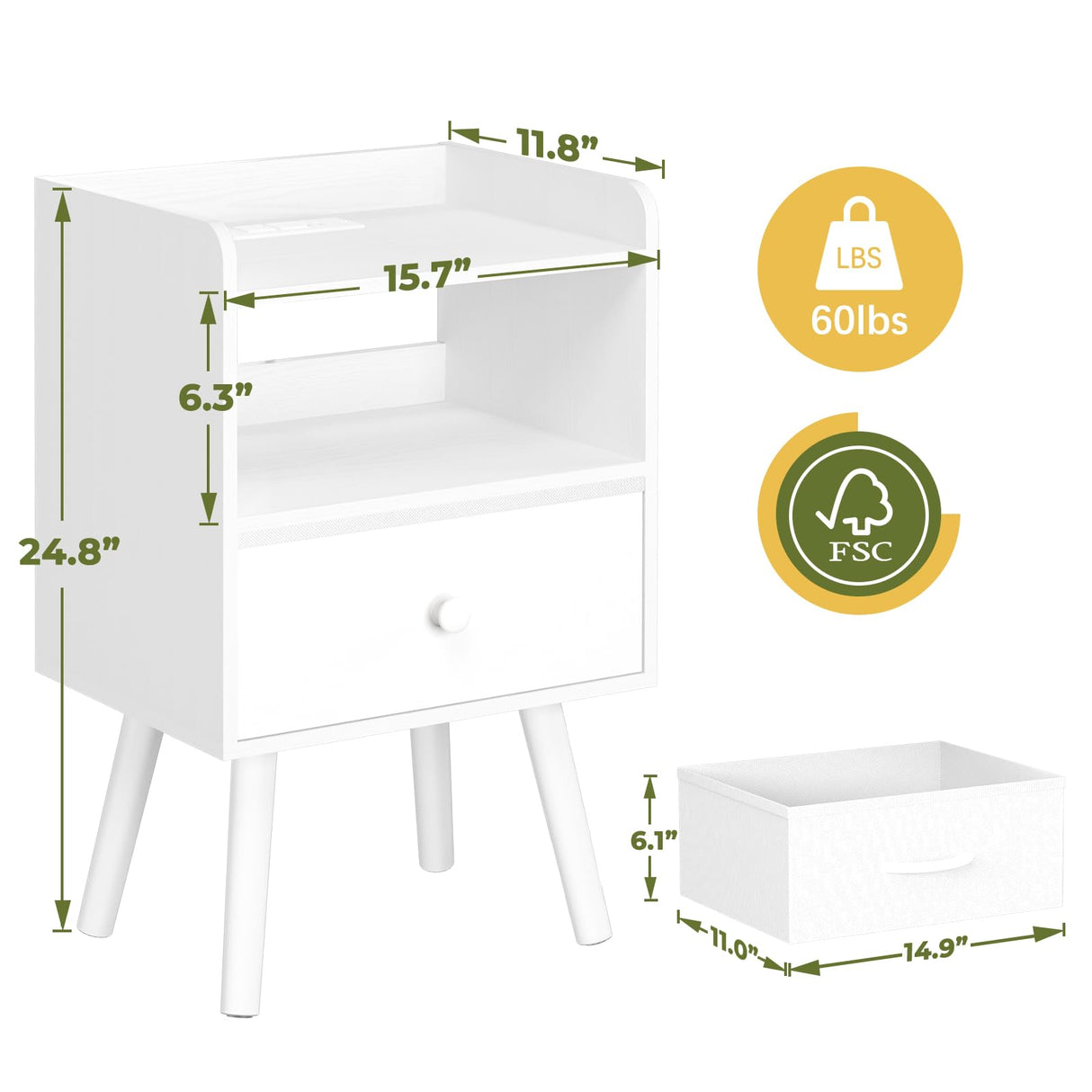 Yoobure Nightstand with Charging Station, Modern Night Stand with LED Lights, Wood Nightstands with Fabric Drawer & Storage Shelf, Night Stands Bedside Table with USB Ports for Bedroom, Office, Home Yoobure