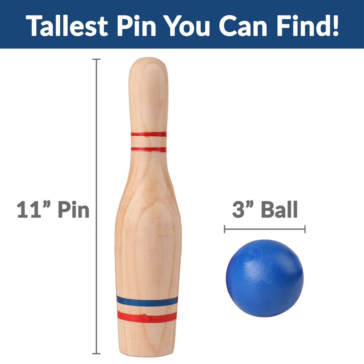 STERLING Sports Premium Wooden Lawn Bowling Skittles Set 11" Pins with Carrying Mesh Bag - 10 Heavy Solid Wooden Pins and 2 Balls - for Indoors and Outdoors STERLING
