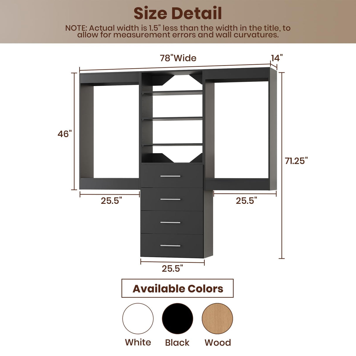 ROOMTEC Modular Closet System, 78" Wall-Mounted Closet Organizer with Drawers and Hanging Rods, Wooden Tower for Walk-In Closets, Wardrobe Storage Kit, Black ROOMTEC