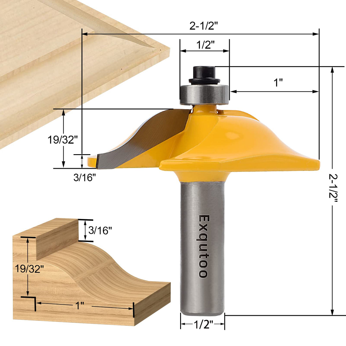 Exqutoo 3PCS 1/2" Shank Router Bit Set, Raised Panel Cabinet Door Making Router Bits, Cemented Carbide Router Bits, Woodworking Tools Router Door & Window Bits (Tenon Joint Cutter Diameter: 1-5/8") Exqutoo