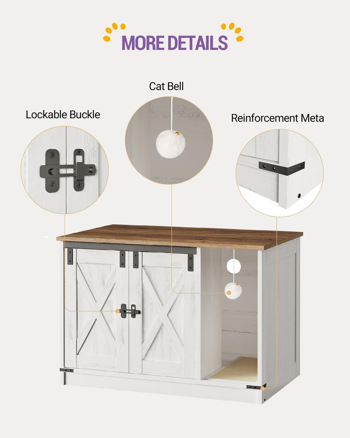 Hzuaneri Cat Litter Box Enclosure, Hidden Litter Box Furniture with Cat Bell, Indoor Cat House, Farmhouse Style, 31.5 x 20.9 x 19.7Inches, for Hallway, Bedroom, Rustic White and Brown CB82414X Hzuaneri