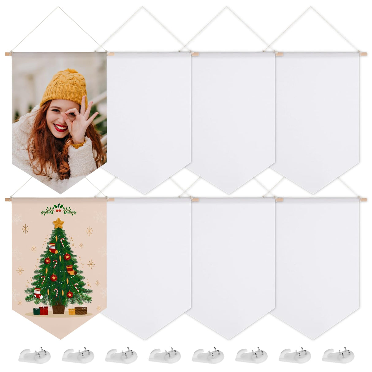 Anjetan 8 Pcs Sublimation Blank Banners, 11.8×17.7in Waterproof Canvas Custom Banners with Wood Sticks/Hanging Ropes/Traceless Nails, Paintable White Banner Signs for Indoor Outdoor Display Anjetan