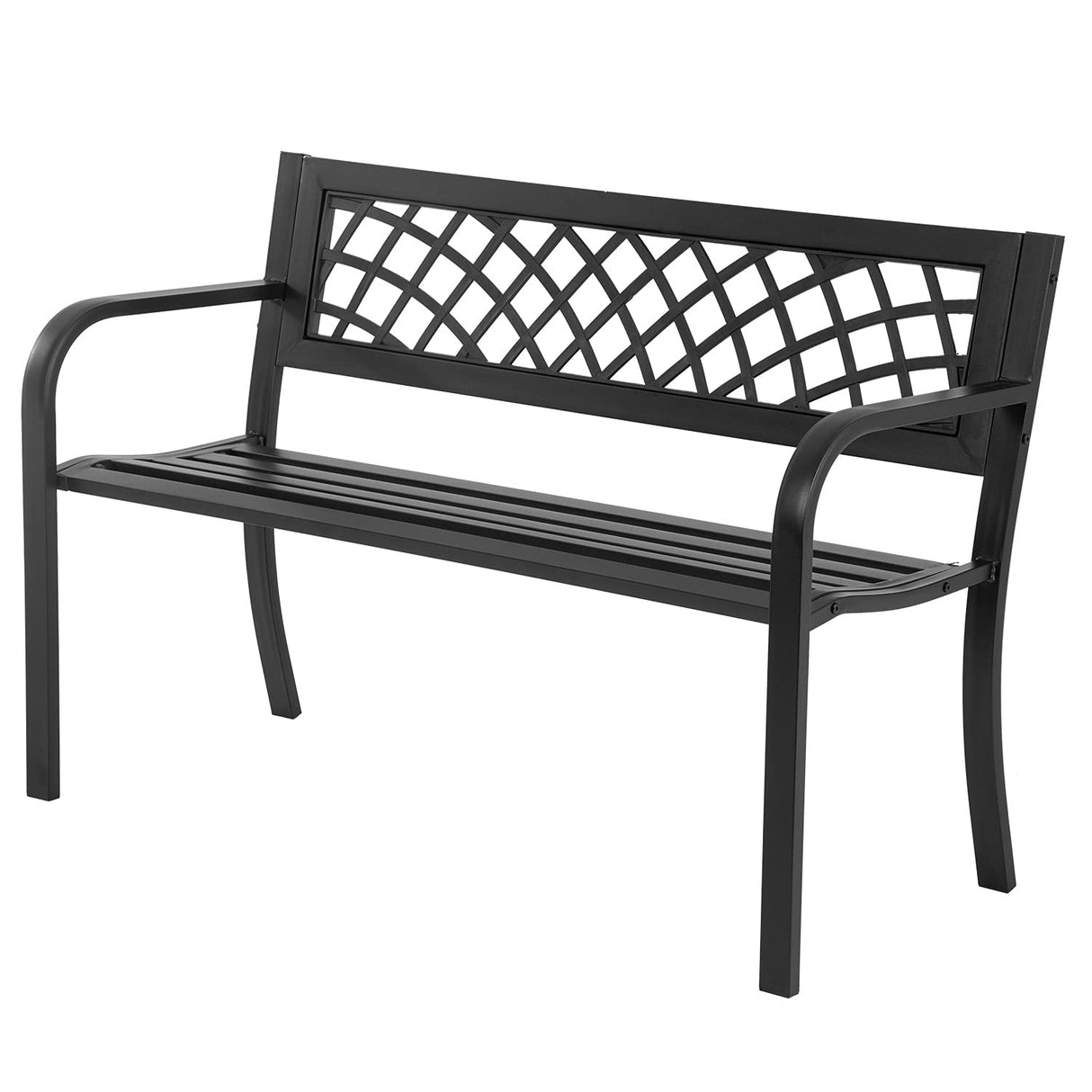 Garden Bench,Outdoor Benches,Iron Steel Frame Patio Bench with Mesh Pattern and Plastic Backrest Armrests for Lawn Yard Porch Work Entryway,Black FDW