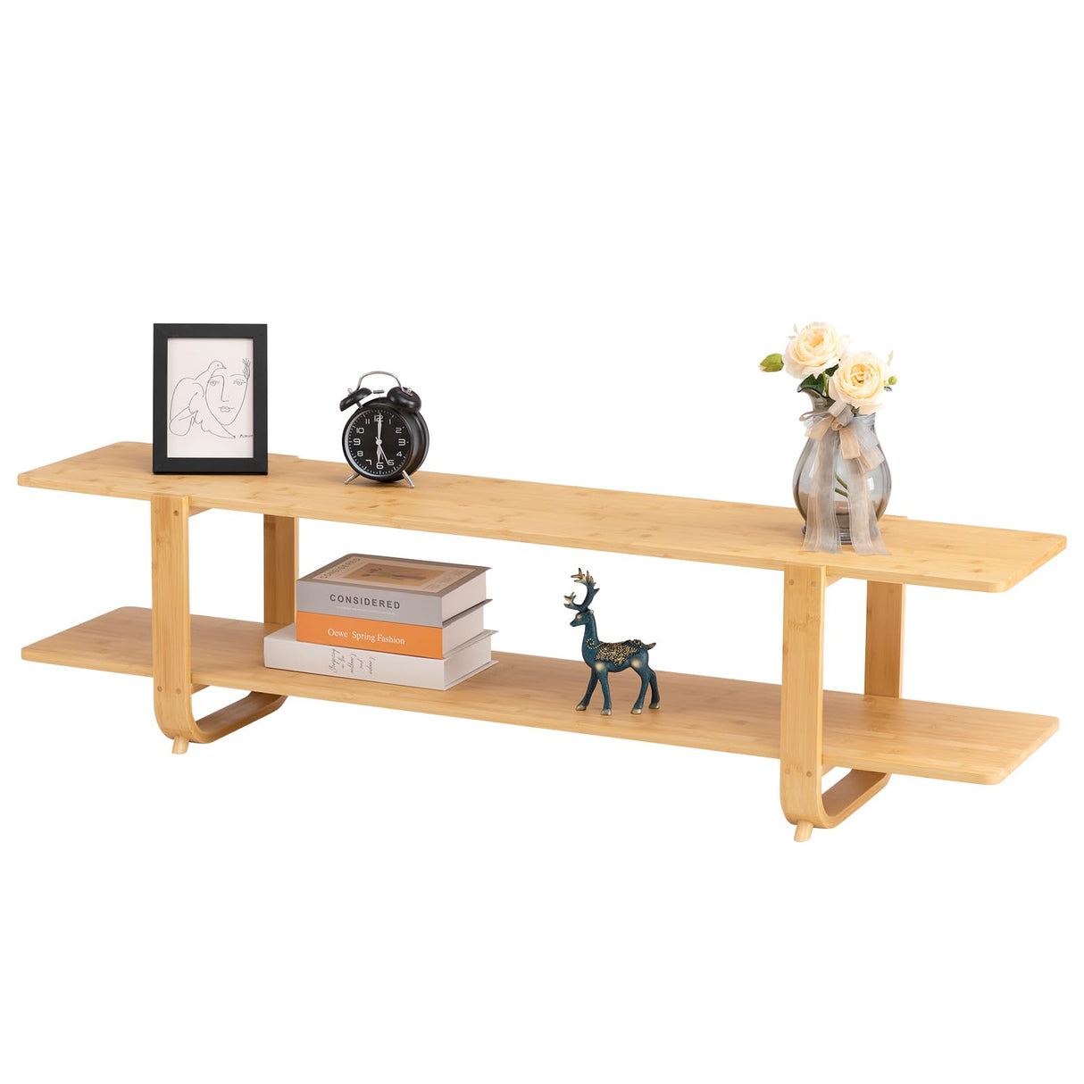 HollyHOME Bamboo TV Stand with Storage for TVs up to 65'', Modern Entertainment Center with 2 Open Shelf, Accent TV Media Console Table for Living Room, Bedroom, 55"(L), Burlywood HollyHOME