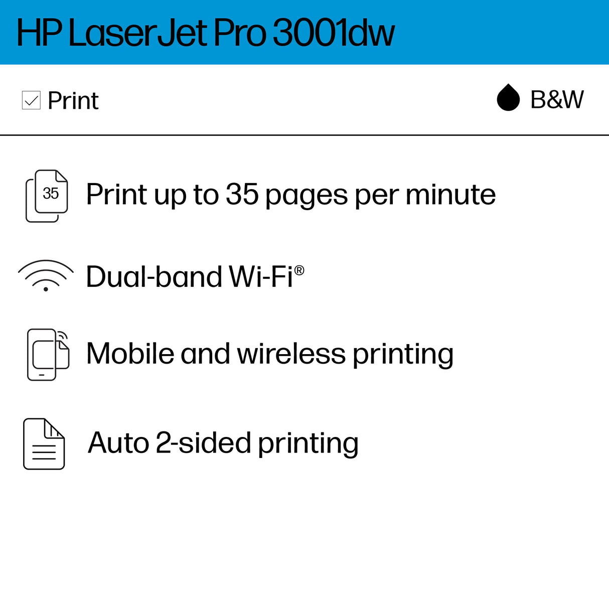HP LaserJet Pro 3001dw Wireless Black & White Printer, Best-for-Office (3G65OF) HP