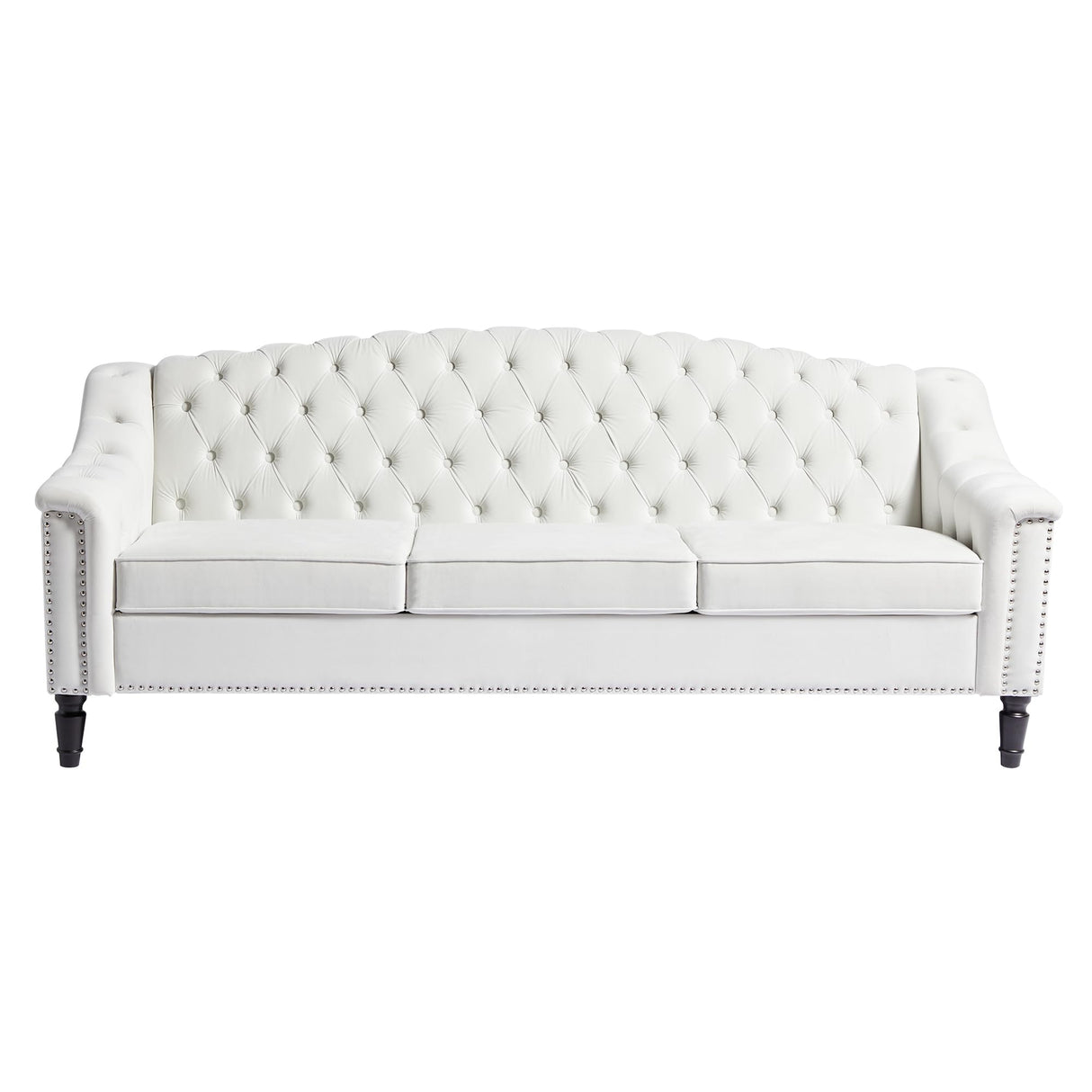 LEVNARY Mid-Century Modern Velvet Sofa, 80" Large Upholstered Sofa with High Back, Chesterfield Couch Sleeper Settee with Solid Wood Legs, Tufted 3 Seater Wide Couches for Living Room Office (White) LEVNARY