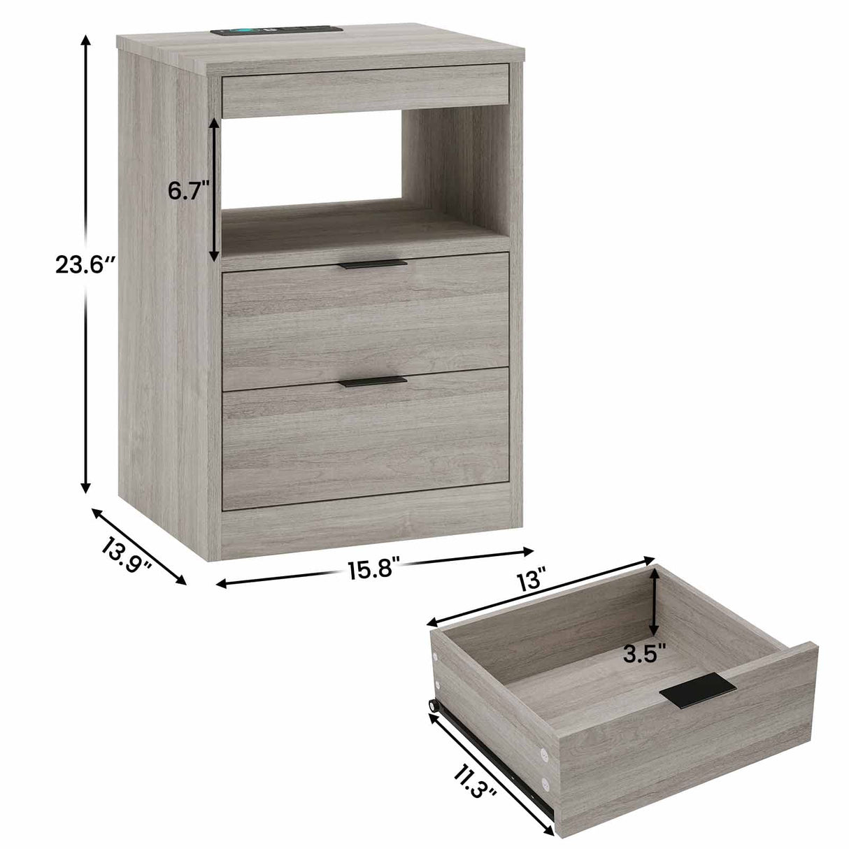 ADORNEVE Nightstand with Wireless Charging Station and LED Lights, Grey Night Stand with 2 Drawers and Open Storage for Bedroom, Bedside Table with Pull-Out Shelf, Modern End Side Table ADORNEVE