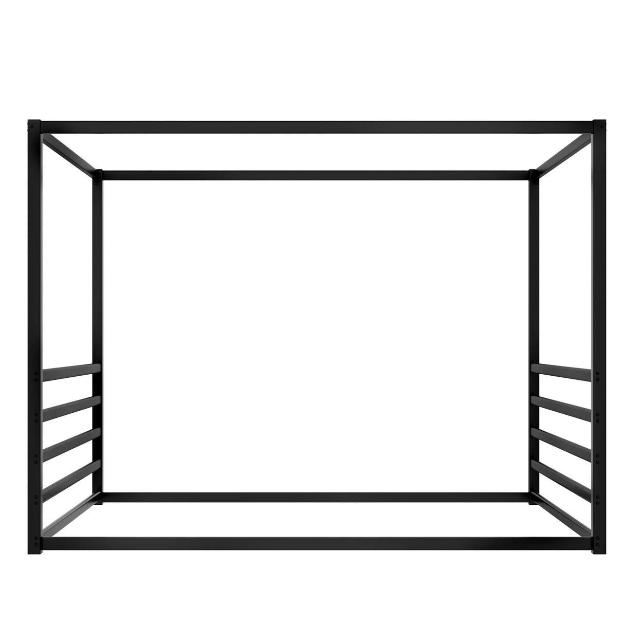 Queen Size Canopy Bed Frame with 4 Posters and Guardrails, Queen Size Montessori Floor Bed with High Fence, Anti Bump Design, Easy Assemble, Metal Montessori Bed Black Bellemave