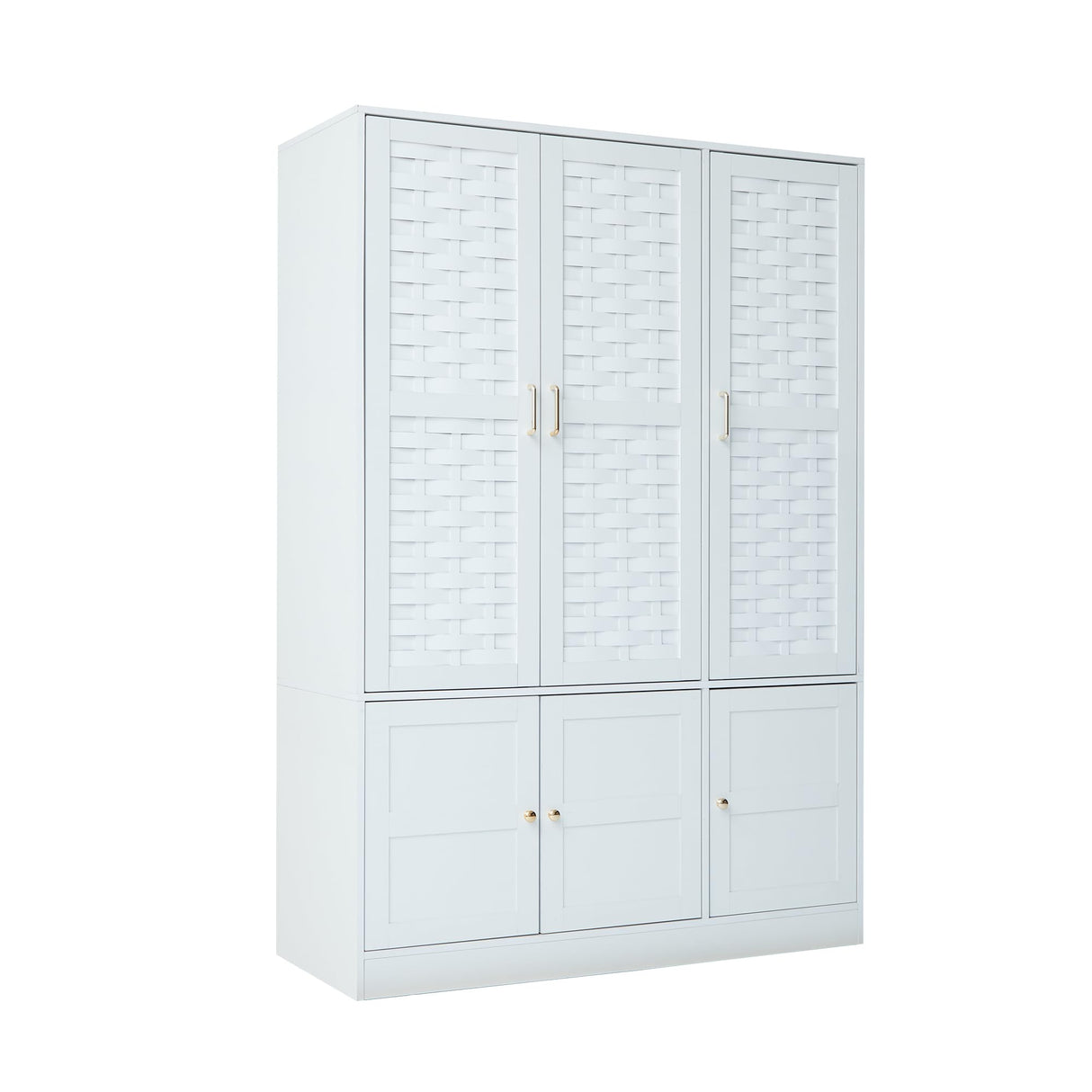 PHOYAL Armoire Wardrobe, 6 Woven Doors Storage Cabinet Wood and 8 Shelves Metal Handles for Tall Cabinet Closet Large Capacity Armoire Wardrobe Closet with Hanging Rod (White) PHOYAL