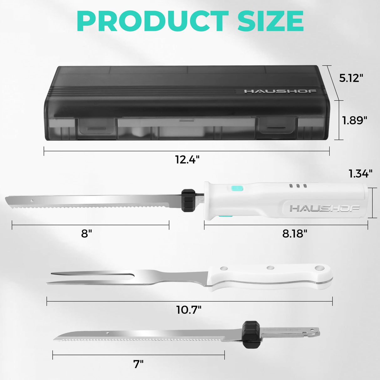 HAUSHOF Cordless Electric Knife Set for Meat Slicing, 8V Electric Carving Knife for Fish, Bread, Turkey, Rechargeable Meat Cutter with Reciprocating Stainless Steel Blades, Safety Lock & Storage Case HAUSHOF