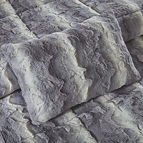 Madison Park Zuri Soft Plush Comforter Set, Faux Fur Animal Stripes Design, Faux Mink On The Reverse, Modern All Season Bedding Set with Matching Sham, King, Grey 4 Piece Madison Park