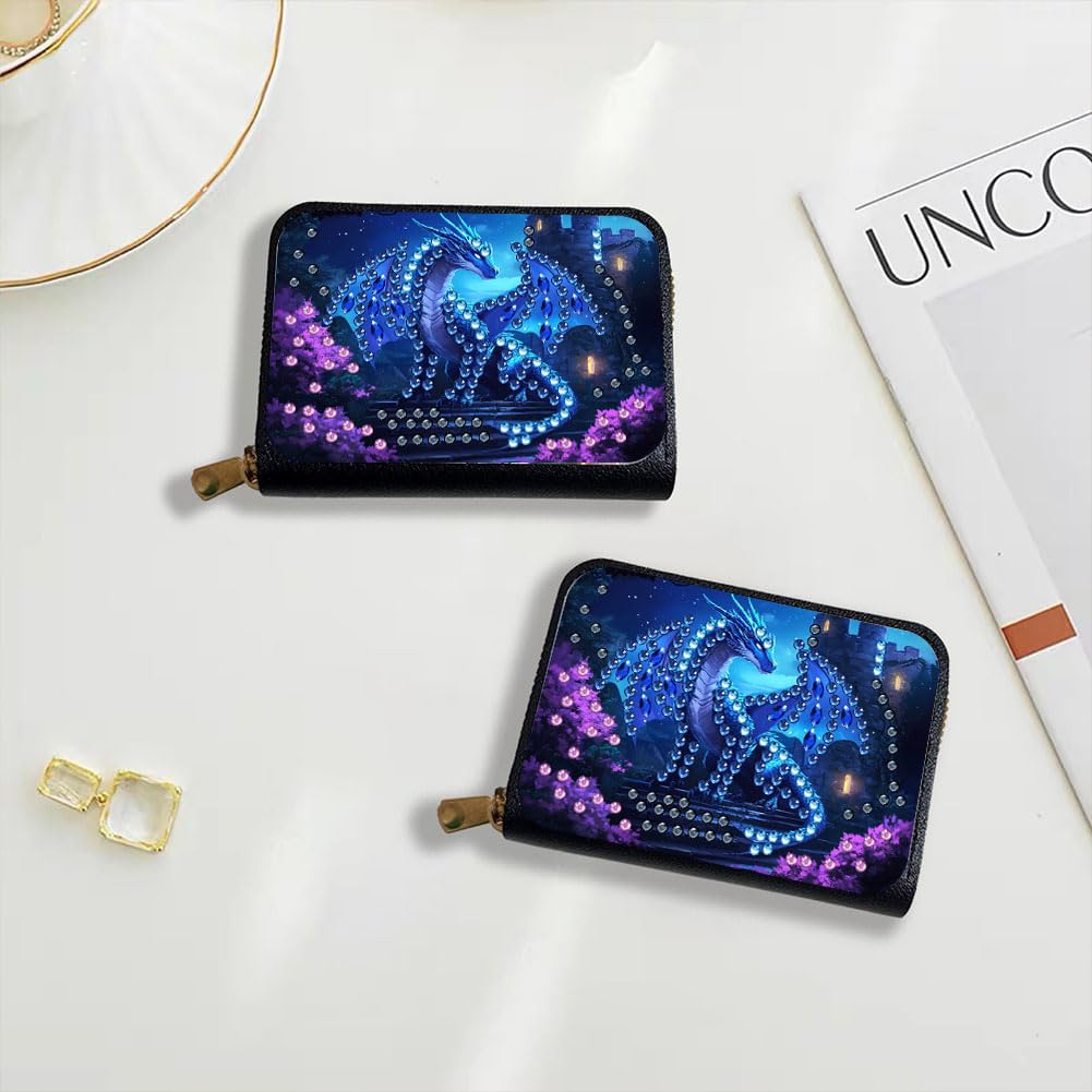 DIY Diamond Art Painting Kit - PU Leather Credit Card Holder Wallet & Coin Purse with Dragon Pattern, Zipper Organizer 4.33x3.14in for Adults Santiway