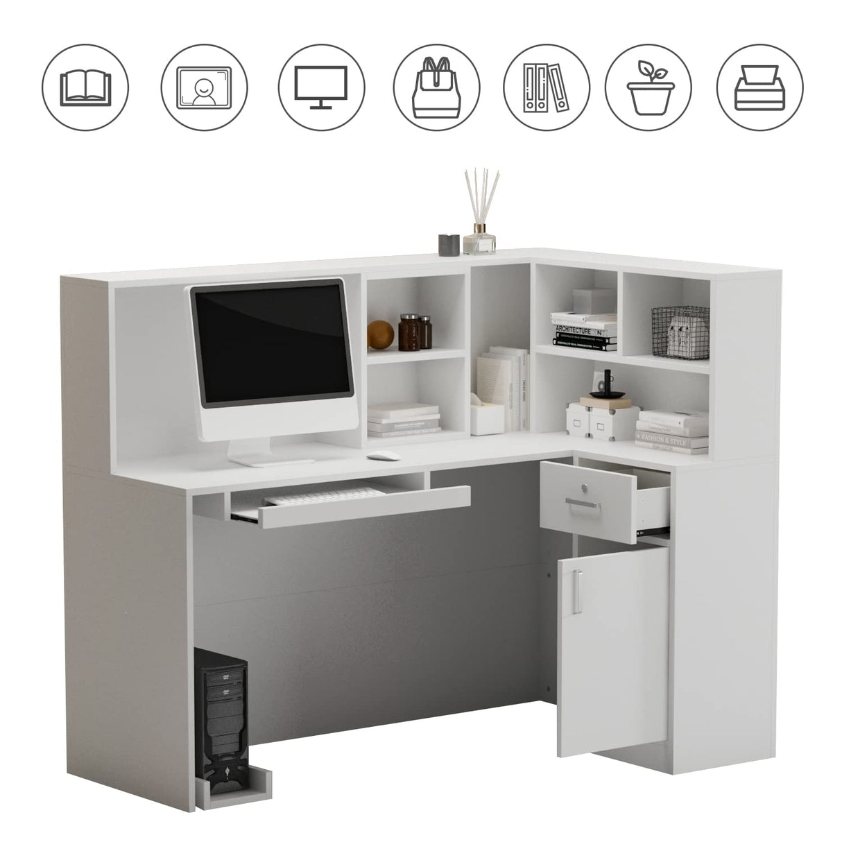 AIEGLE Reception Desk with Counter Drawers & Storage Shelves, L-Shaped Reception Counter Table for Salon Reception Room Checkout Office, White (55.9" L x 32.3" W x 48.4" H) AIEGLE