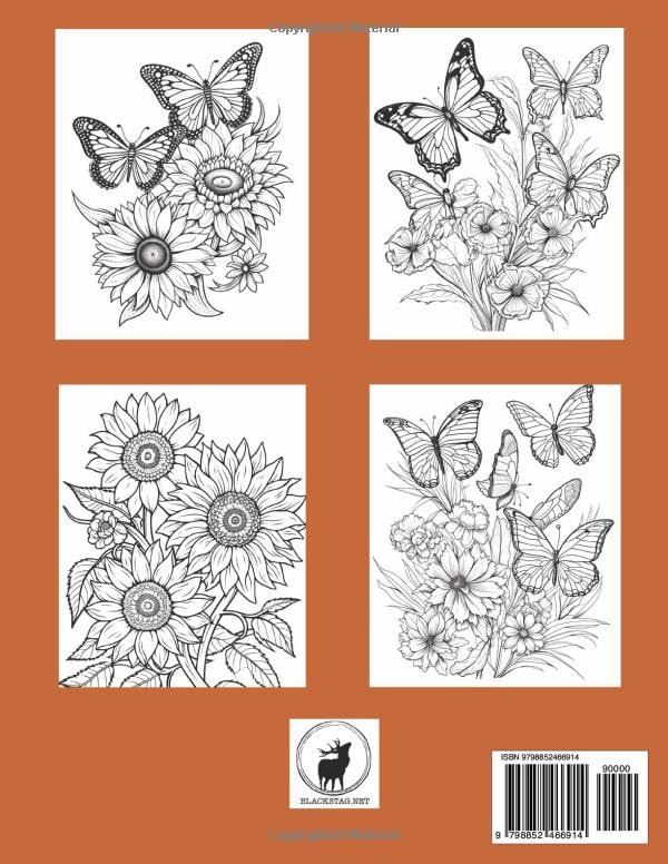 Butterflies and Sunflowers Coloring Book: Featuring 50 beautiful butterfly images, sunflowers and other woodland flowers to color. Suitable for both kids and adults Majosta