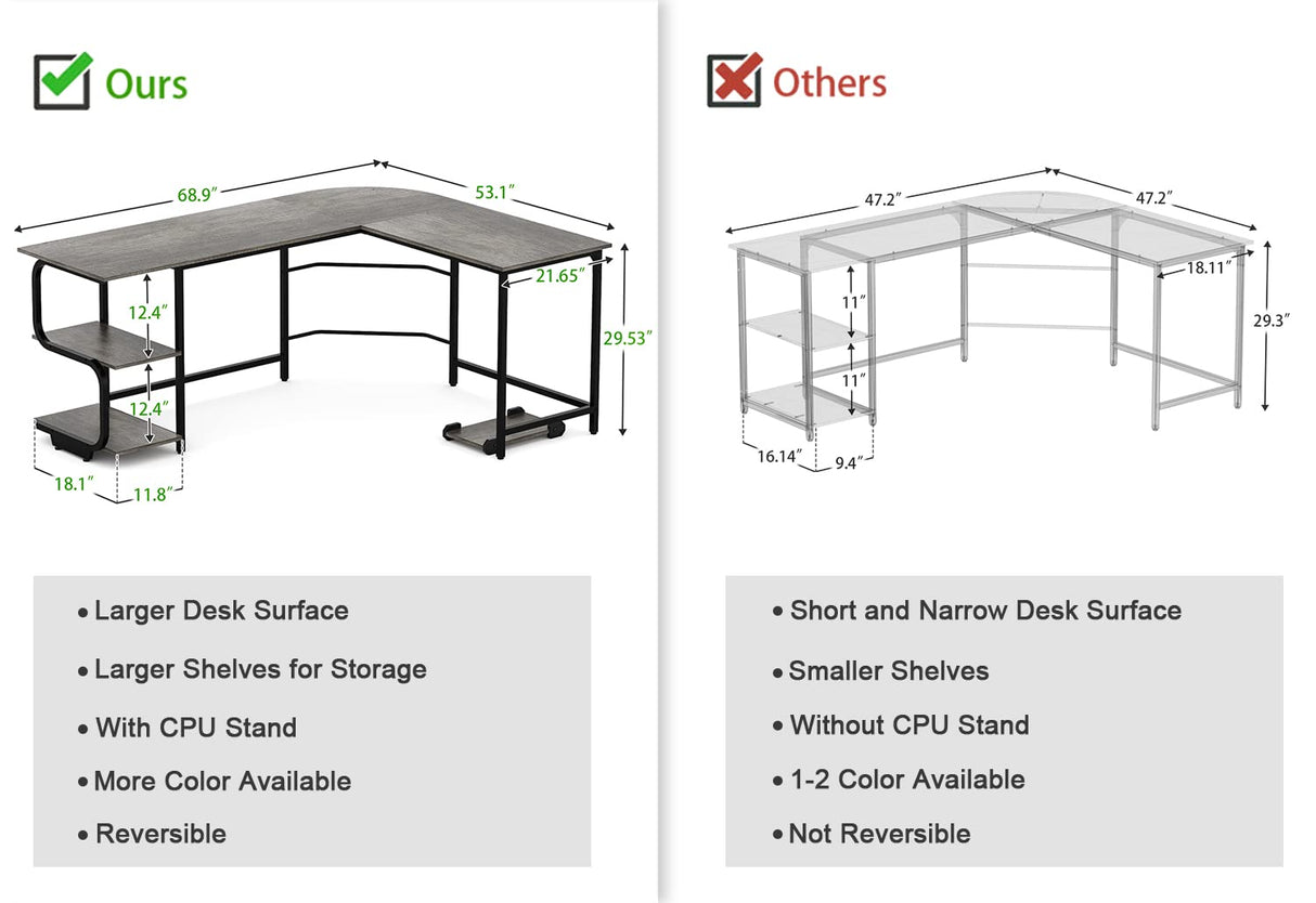 Teraves Reversible L Shaped Desk with Large Surface, 69 Inch Sturdy Corner Desk with Storage Shelves, Premium Office Computer Desk Workstation for Home Office Gaming Teraves