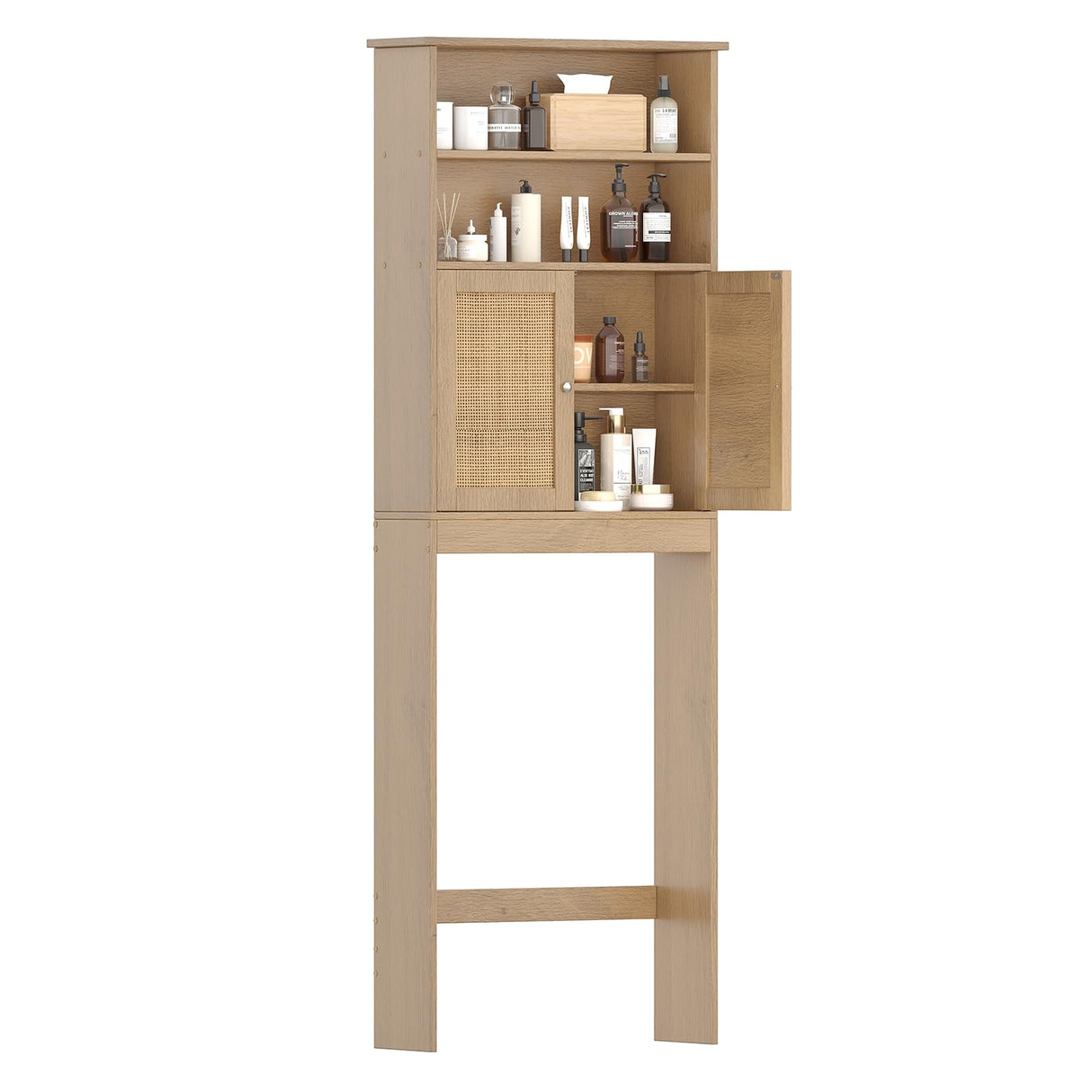 Reettic Tall Over The Toilet Storage with Two Doors, Floor Bathroom Space Saver with Inner Adjustable Shelf, Wooden Bathroom Cabinet Organizer Over Toilet, Natural BMGZ151M Reettic