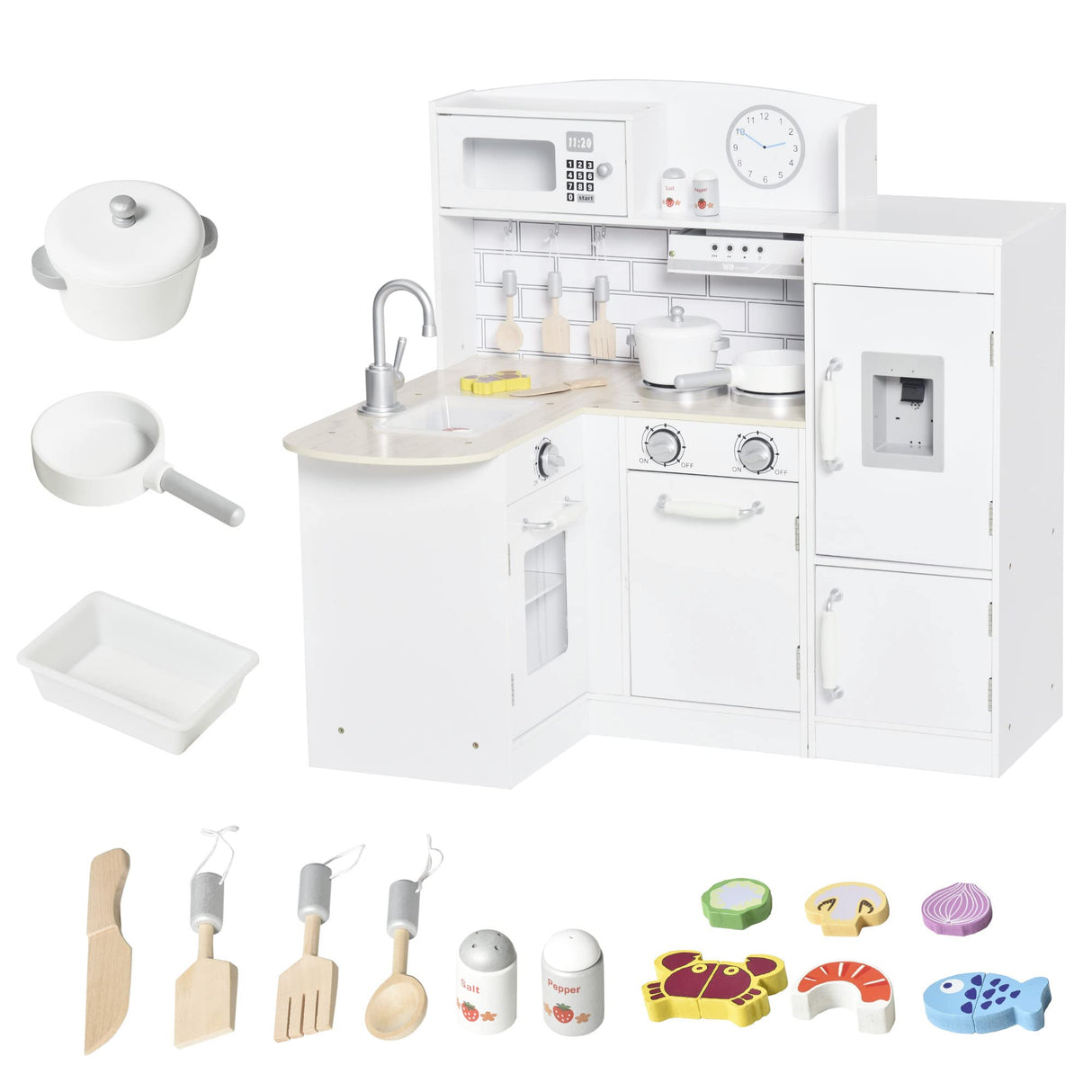 Qaba Kids Play Kitchen Set Pretend Wooden Cooking Toy Set with Drinking Fountain, Microwave, Fridge and Accessories for Age 3 Years, White Qaba