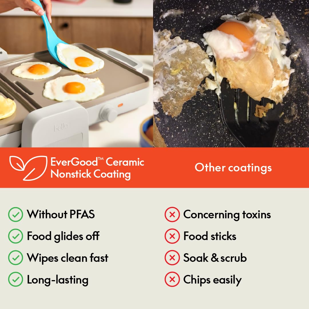 Bella 10"x 20" Ceramic Fold-n-Store Dual Temp Griddle, Fits-anywhere Kitchenware, EverGood Ceramic Nonstick Coating, 2 Temperature Zones up to 400°F, Dishwasher Safe Drip Tray, 1500 Watt, Oatmilk BELLA