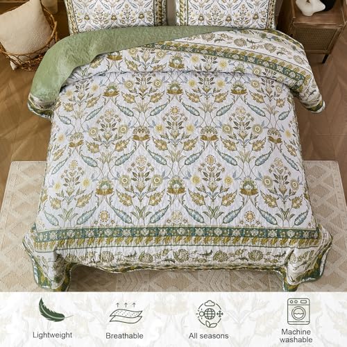 DJY Floral Quilt Set King Size, Green Brown Flower Pattern Quilts King Bedspread Coverlet Set with 2 Pillowcases, Soft Lightweight Microfiber Bedding for All Season (90"x110") DJY
