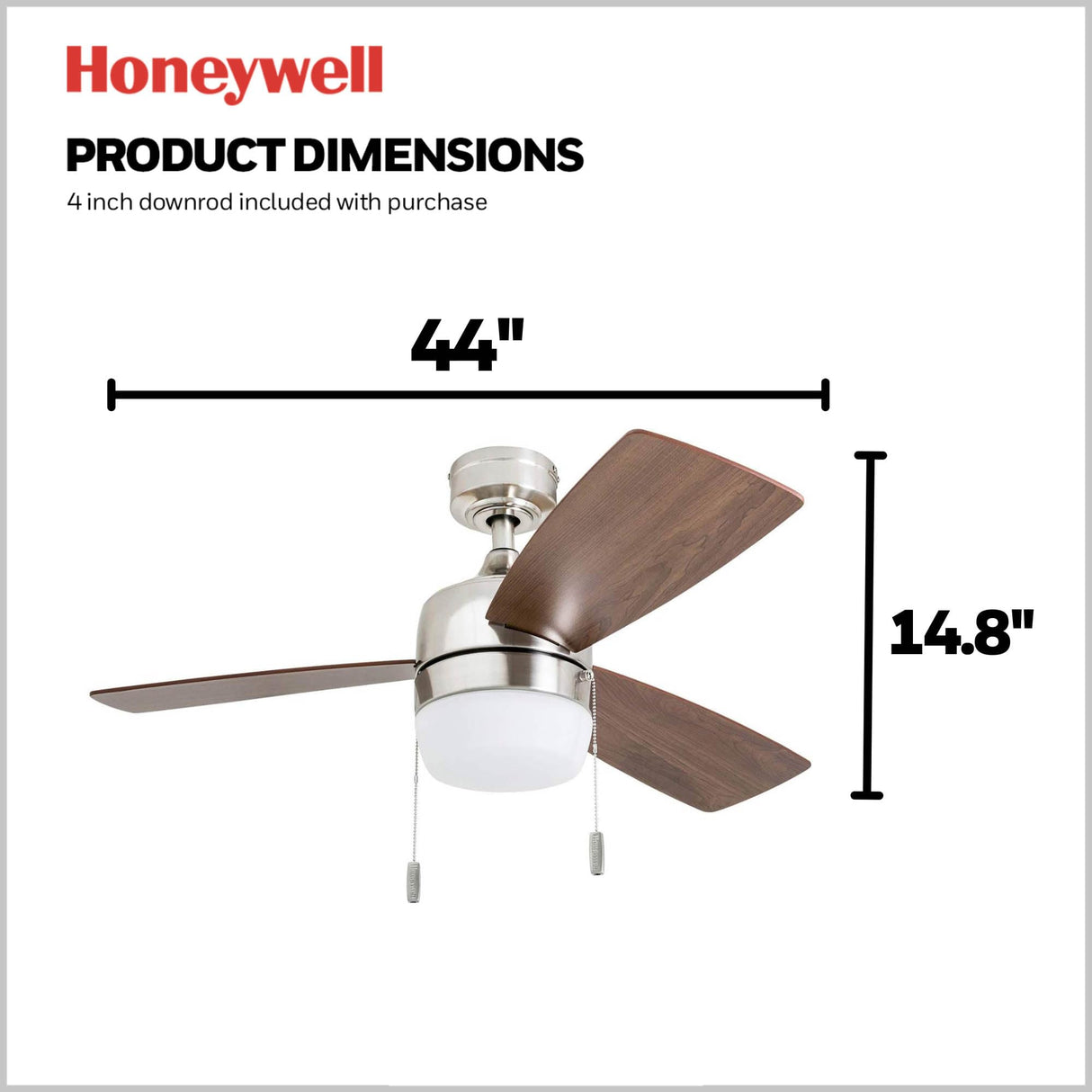 Honeywell Ceiling Fans Barcadero Modern 44 Inch Ceiling Fan with Light, Pull Chain LED Indoor Fan with 3 Blades, Maple and Brown Maple Blade Finish Options, Brushed Nickel (50616-01) Honeywell Ceiling Fans