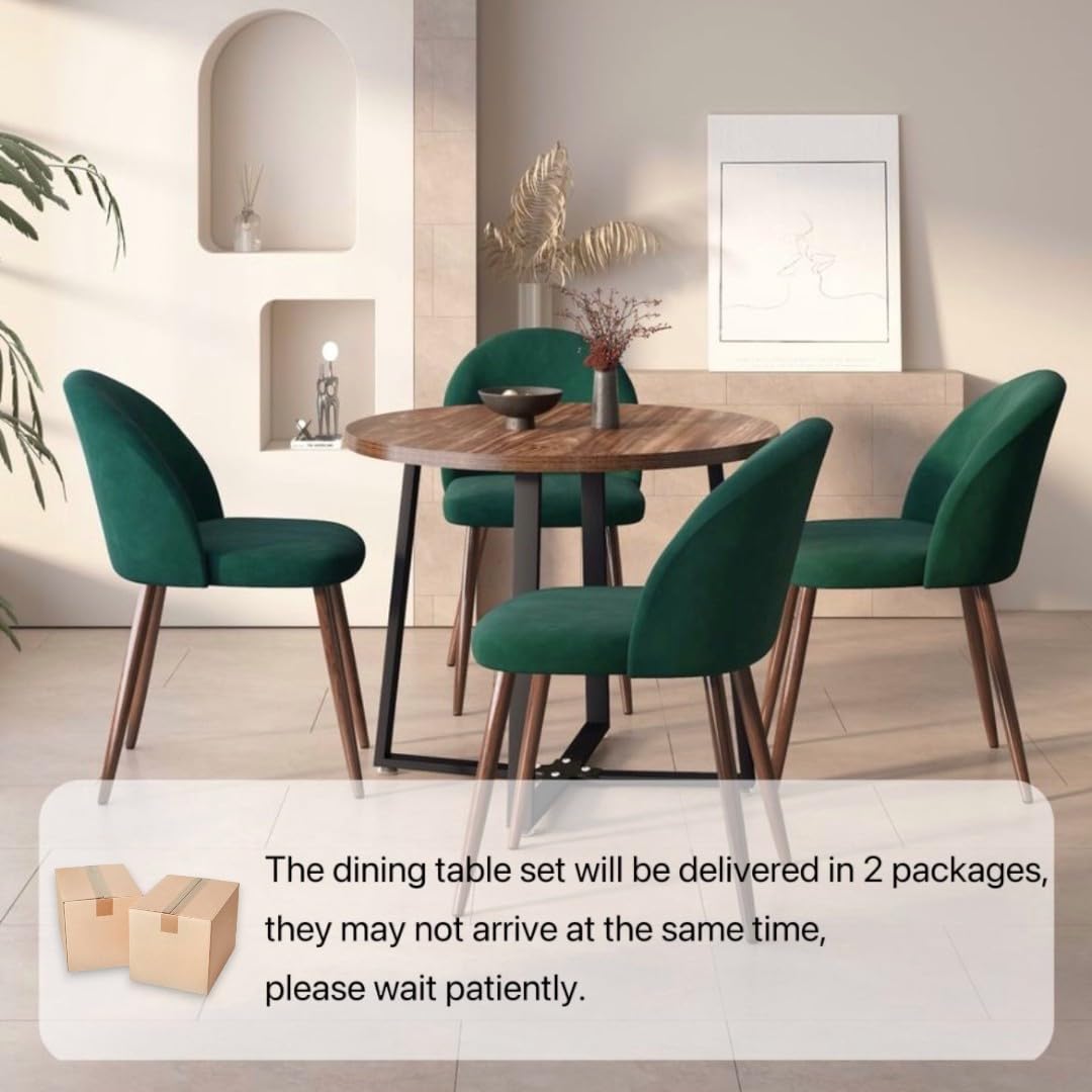 INO Design 5-Pieces Modern 35'' Inch Round Wooden Dining Table Set for 4 Comfortable Velvet Chairs, Space Saving Kitchen Furniture, Small Apartment Coffee Table Set (Green) INO Design