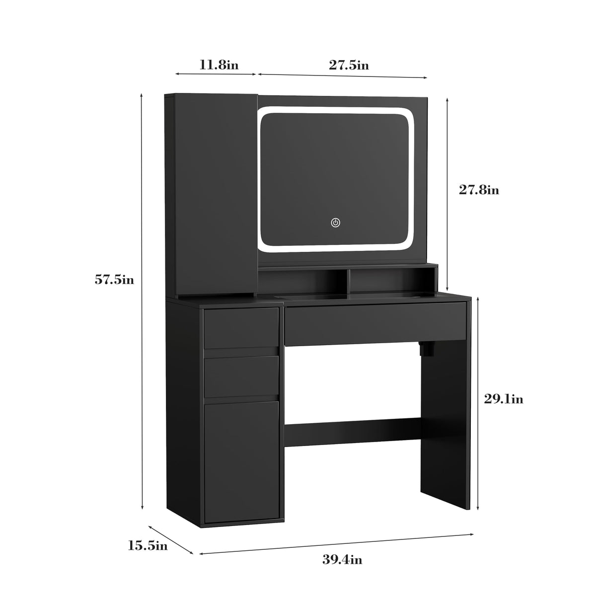 Makeup Vanity with Glass Top, Black Vanity Desk with Mirror and Lights, Vanity with Power Outlet and Jewelry Cabinet, Vanity Table with 3 Color Lighting Modes, Dressing Table for Women, Girls Maupvit