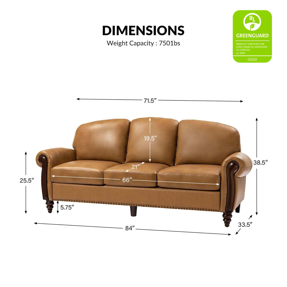 HULALA HOME Genuine Leather Sofa 3-Seater Couch Traditional Living Room Sofa with Carved Solid Wood Legs, Camel HULALA HOME