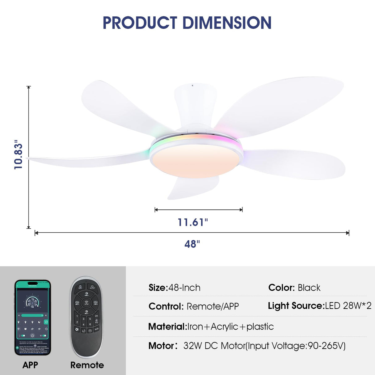 PHORUS RGB Ceiling Fans with Lights and Remote/APP,48" White Low Profile Ceiling Fans with Quiet Reversible DC Motor, Dimmable LED Ceiling Fans with 3 Colors 6 Speeds PHORUS