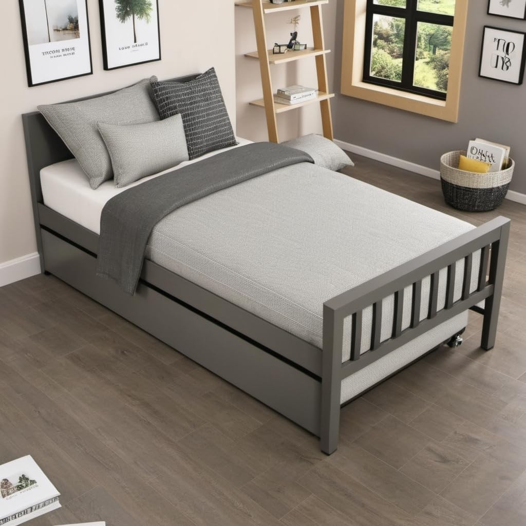 PVWIIK Twin Daybed with Trundle for Kids Bedroom,Wood Platform Bed Frame with Headboard and Footboard for Small Living Space,No Box Spring Needed,Grey PVWIIK
