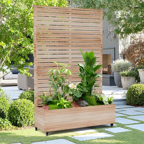 15.7"×70.9"×47.2" Metal Raised Garden Bed with Trellis and Wheels - Tall Trellis Planter Box for Climbing Plants, Vegetables & Vines - Outdoor Privacy Planters for Patio (Acacia Wood Grain) TOAOTBNBO