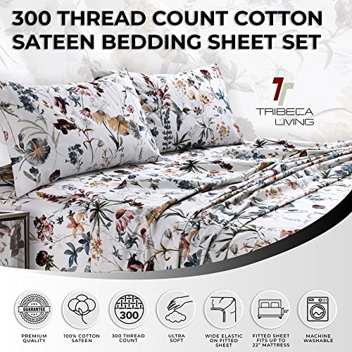 Tribeca Living Deep Pocket King Size Sheet Set - 300 Thread Count Cotton Sateen Sheets with 22-Inch Extra Deep Pockets, Oeko-Tex Certified, 4 Bedding Set in Amalfi Deep Red/Multi Print Tribeca Living