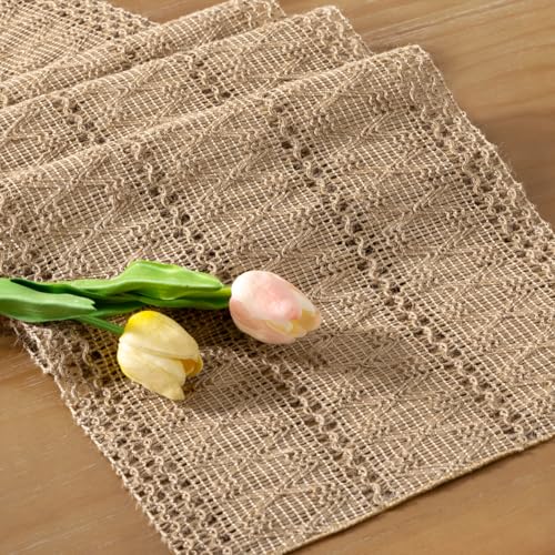 Socomi Boho Table Runner Easter Spring Farmhouse Burlap Jute Bamboo Rustic Dining Kitchen Centerpiece Decor Small Macrame Woven Coffee Table Runner for Dresser Scarf Home Decor 12x36 inch Socomi